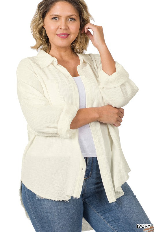 Hi Curvy Plus Size Women Oversized Raw Edge Shirt