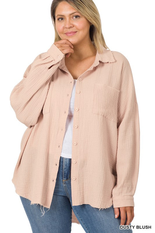 Hi Curvy Plus Size Women Oversized Raw Edge Shirt