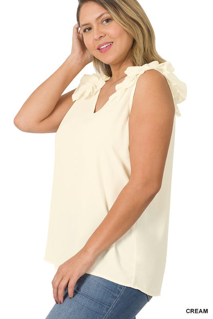 Hi Curvy Plus Size Women Woven Wool Dobby Ruffle Trim Sleeveless Top