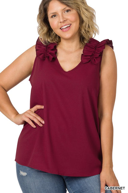 Hi Curvy Plus Size Women Woven Wool Dobby Ruffle Trim Sleeveless Top