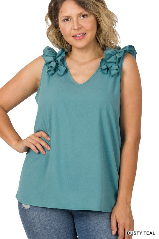 Hi Curvy Plus Size Women Woven Wool Dobby Ruffle Trim Sleeveless Top