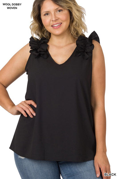 Hi Curvy Plus Size Women Woven Wool Dobby Ruffle Trim Sleeveless Top