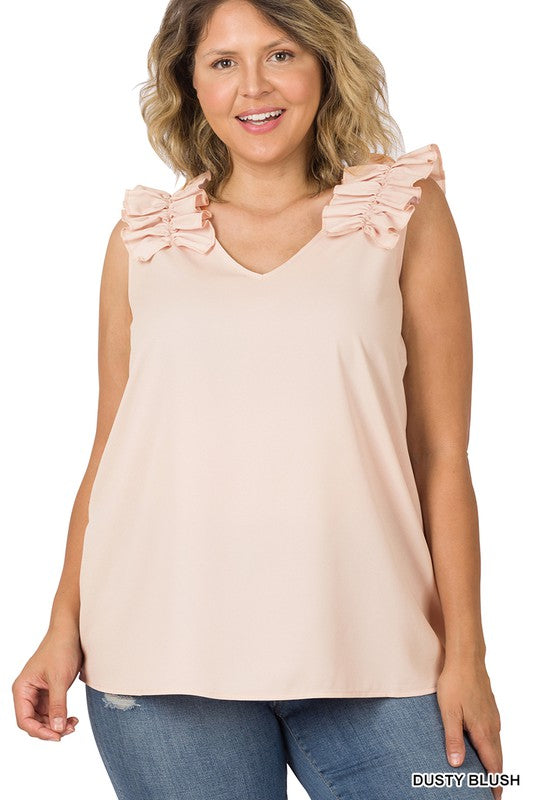 Hi Curvy Plus Size Women Woven Wool Dobby Ruffle Trim Sleeveless Top