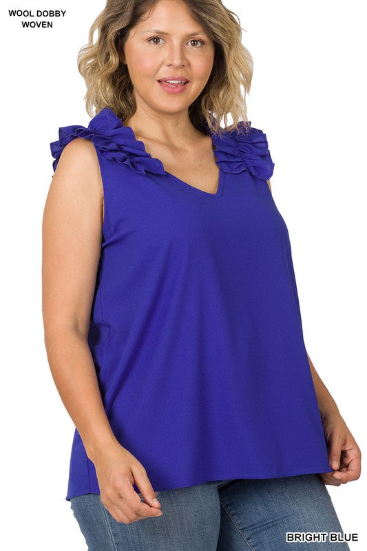 Hi Curvy Plus Size Women Woven Wool Dobby Ruffle Trim Sleeveless Top