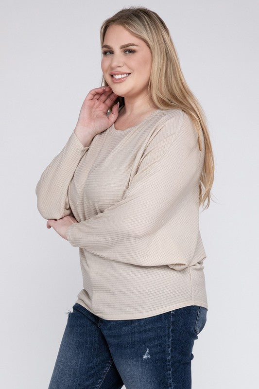 Hi Curvy Plus Size Women Ribbed Batwing Long Sleeve Boat Neck Sweater