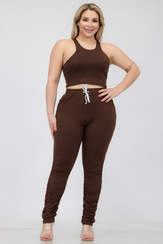Hi Curvy Plus Size Women Crop Tank Top & Ruched Pants Set