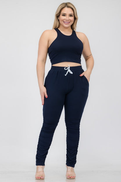 Hi Curvy Plus Size Women Crop Tank Top & Ruched Pants Set