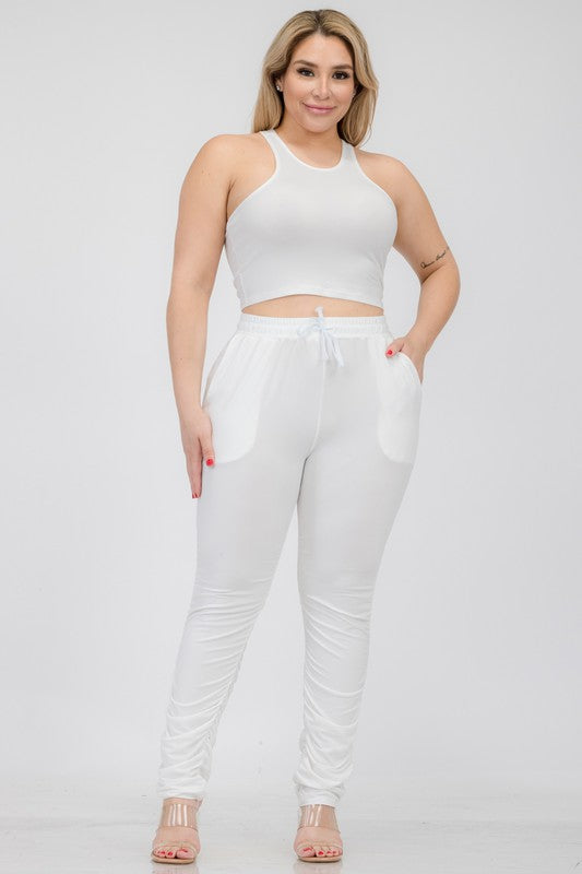 Hi Curvy Plus Size Women Crop Tank Top & Ruched Pants Set