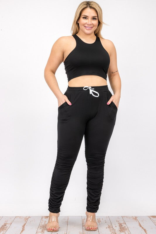 Hi Curvy Plus Size Women Crop Tank Top & Ruched Pants Set