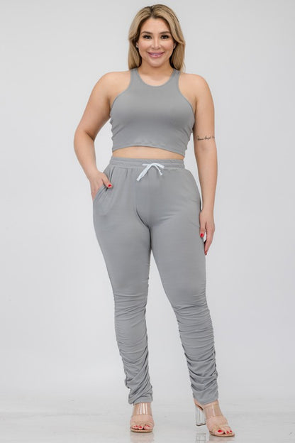 Hi Curvy Plus Size Women Crop Tank Top & Ruched Pants Set