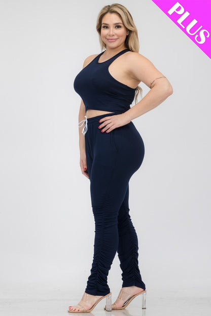 Hi Curvy Plus Size Women Crop Tank Top & Ruched Pants Set