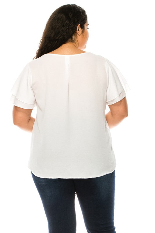 Hi Curvy Plus size Women short flutter sleeve keyhole blouse.