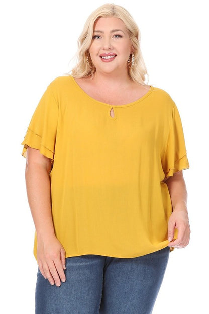 Hi Curvy Plus size Women short flutter sleeve keyhole blouse.