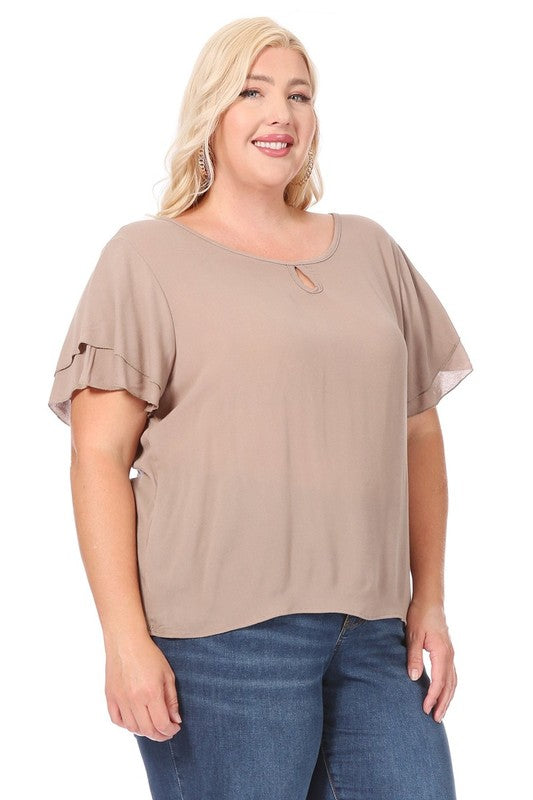 Hi Curvy Plus size Women short flutter sleeve keyhole blouse.