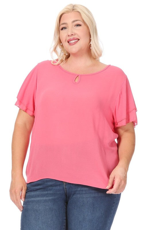 Hi Curvy Plus size Women short flutter sleeve keyhole blouse.