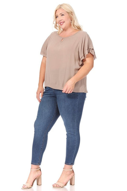 Hi Curvy Plus size Women short flutter sleeve keyhole blouse.