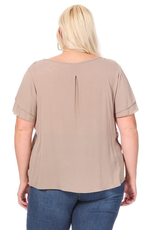 Hi Curvy Plus size Women short flutter sleeve keyhole blouse.