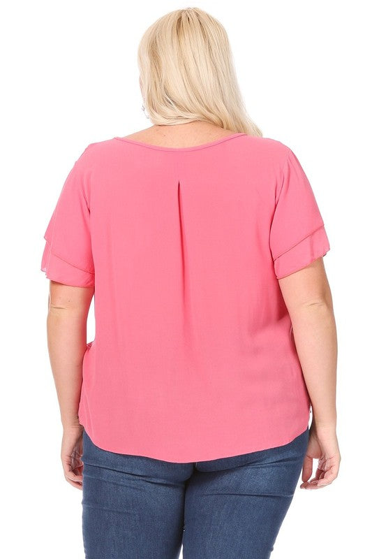 Hi Curvy Plus size Women short flutter sleeve keyhole blouse.