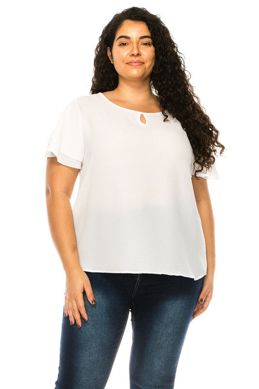 Hi Curvy Plus size Women short flutter sleeve keyhole blouse.