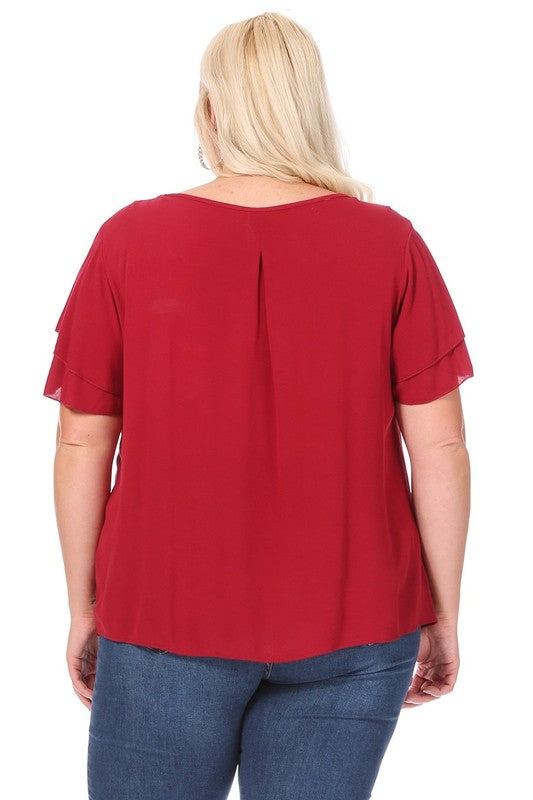 Hi Curvy Plus size Women short flutter sleeve keyhole blouse.