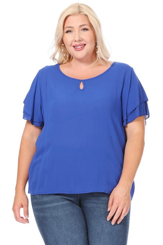 Hi Curvy Plus size Women short flutter sleeve keyhole blouse.