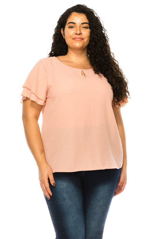 Hi Curvy Plus size Women short flutter sleeve keyhole blouse.