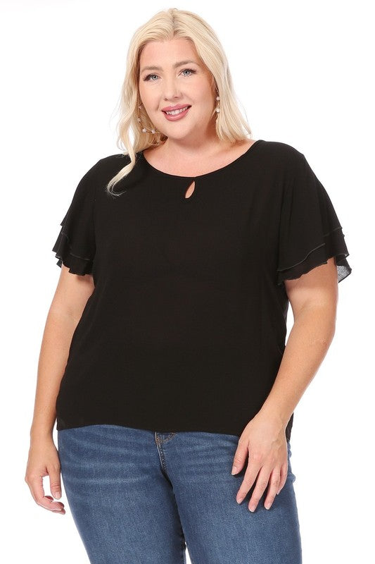 Hi Curvy Plus size Women short flutter sleeve keyhole blouse.