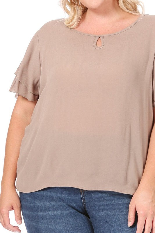 Hi Curvy Plus size Women short flutter sleeve keyhole blouse.