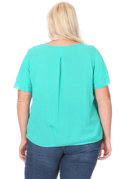 Hi Curvy Plus size Women short flutter sleeve keyhole blouse.