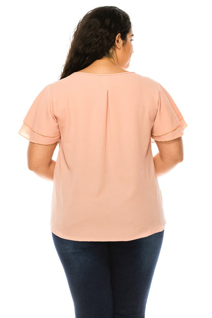 Hi Curvy Plus size Women short flutter sleeve keyhole blouse.