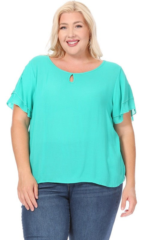 Hi Curvy Plus size Women short flutter sleeve keyhole blouse.