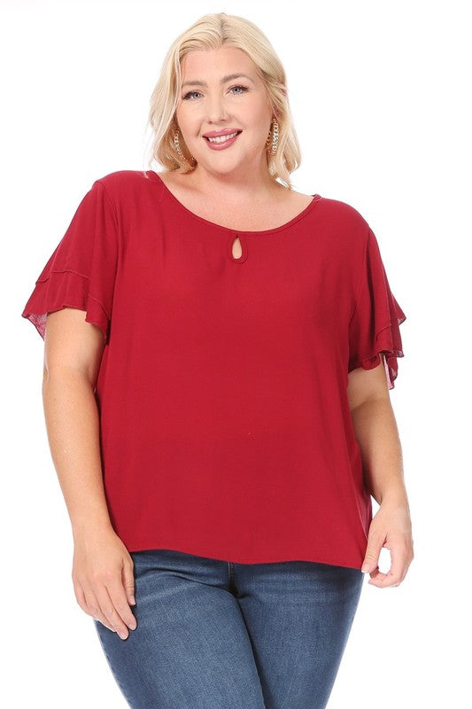 Hi Curvy Plus size Women short flutter sleeve keyhole blouse.