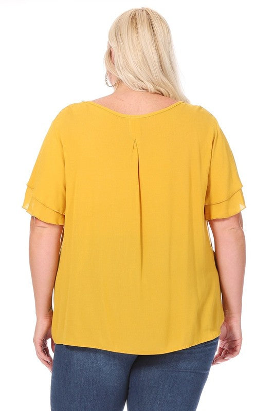 Hi Curvy Plus size Women short flutter sleeve keyhole blouse.