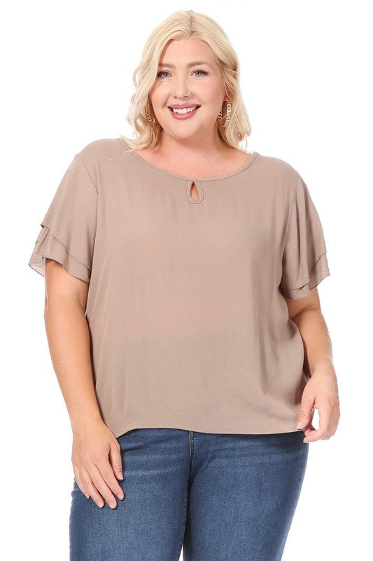 Hi Curvy Plus size Women short flutter sleeve keyhole blouse.