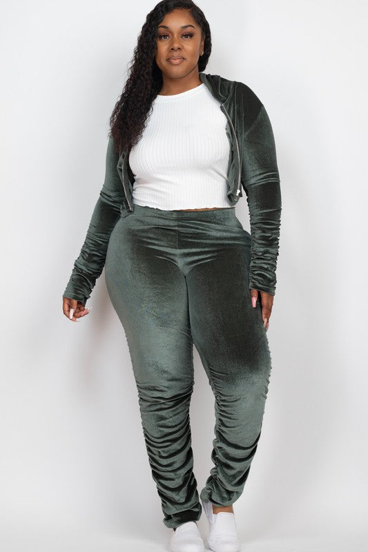 HI Curvy Plus Size Women Velour  Zip Up Jacket & Stacked Pants Set