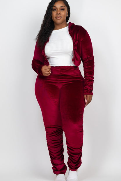 HI Curvy Plus Size Women Velour  Zip Up Jacket & Stacked Pants Set