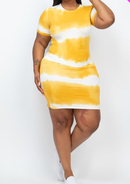 HI Curvy PLUS Size Women Stripe Tie-Dye Printed Midi Dress