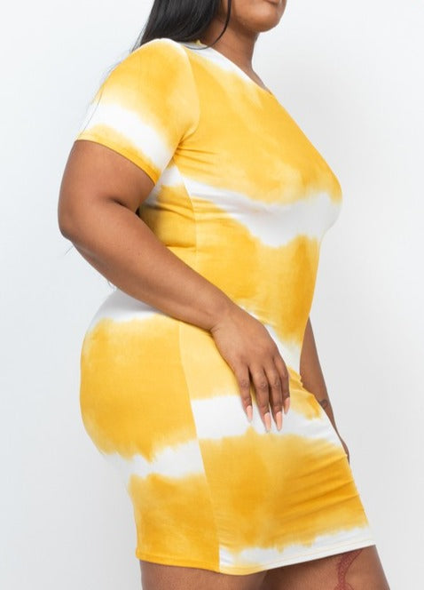 HI Curvy PLUS Size Women Stripe Tie-Dye Printed Midi Dress