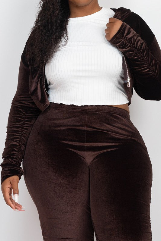 HI Curvy Plus Size Women Velour  Zip Up Jacket & Stacked Pants Set