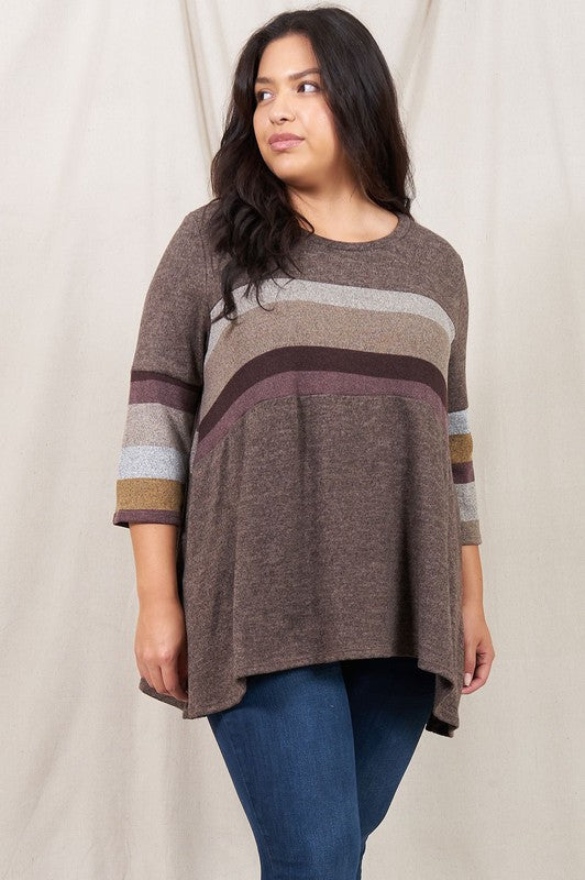 Plus Size Knit Stripe Panel A Line Tunic