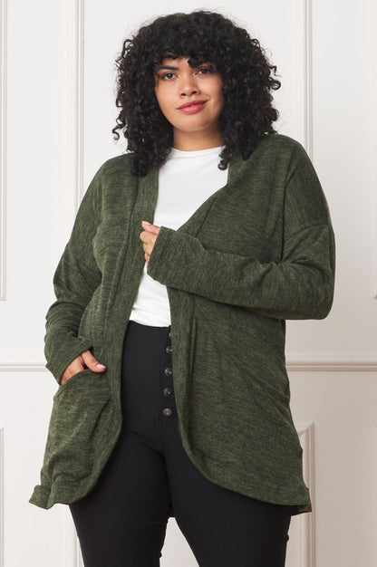 Plus Solid Drape Pocket Cardigan