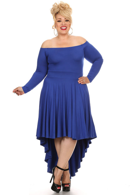 Hi Curvy Plus Size Women Off Shoulder Hi-Lo Tie Solid Midi Dress