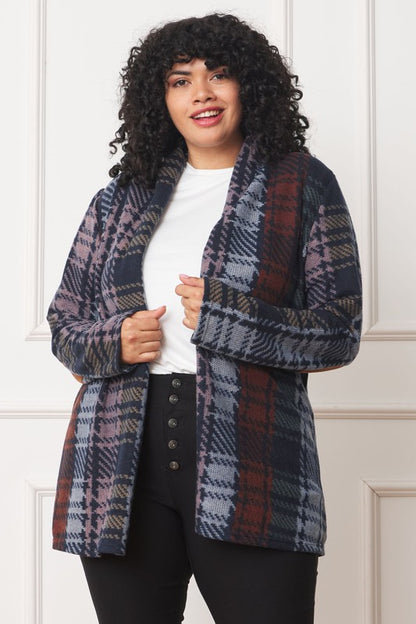 Plus Size Multi Color Plaid Elbow Patch Cardigan