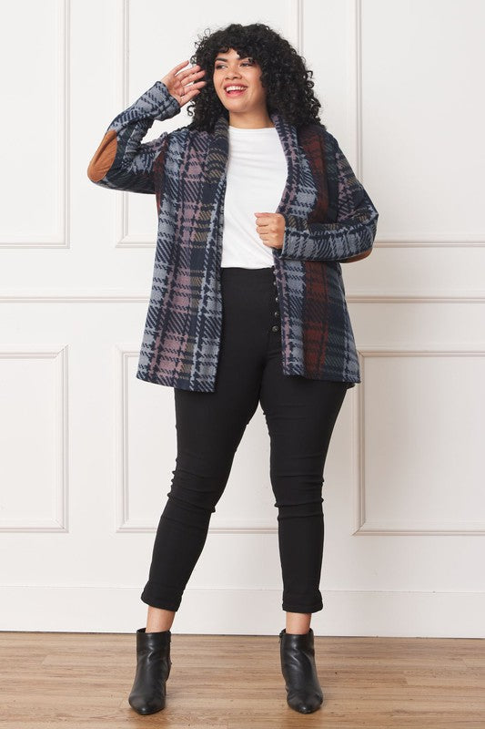 Plus Size Multi Color Plaid Elbow Patch Cardigan