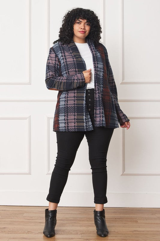 Plus Size Multi Color Plaid Elbow Patch Cardigan