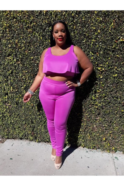 Hi Curvy Plus Size Women Ruffle Crop Top & Pants Set