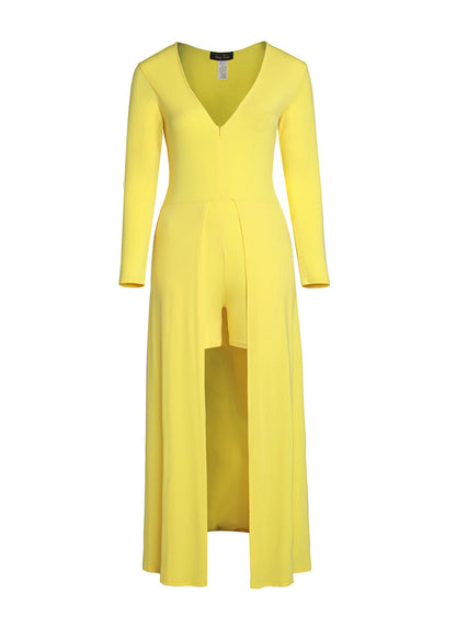 Hi Curvy bright yellow romper with a long slit open front Made in USA