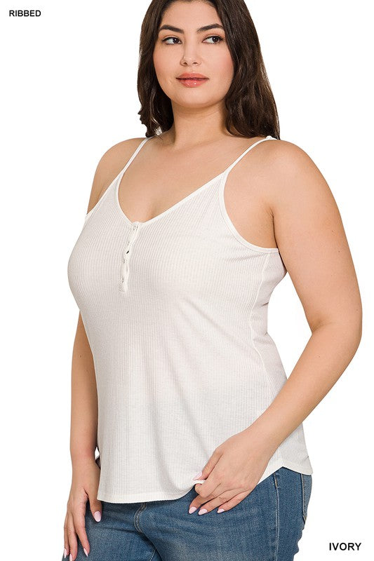 HI Curvy Plus Size Women Ribbed Half Snap Button Closure Cami Top