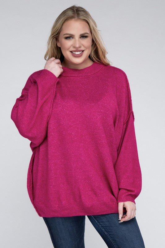 HI Curvy Plus Size Women Oversized Round Neck Raw Seam Melange Sweater