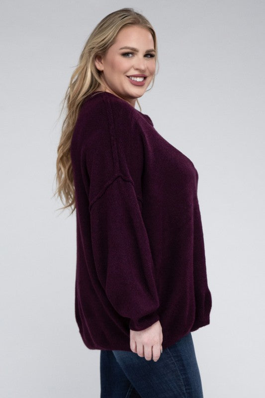 HI Curvy Plus Size Women Oversized Round Neck Raw Seam Melange Sweater